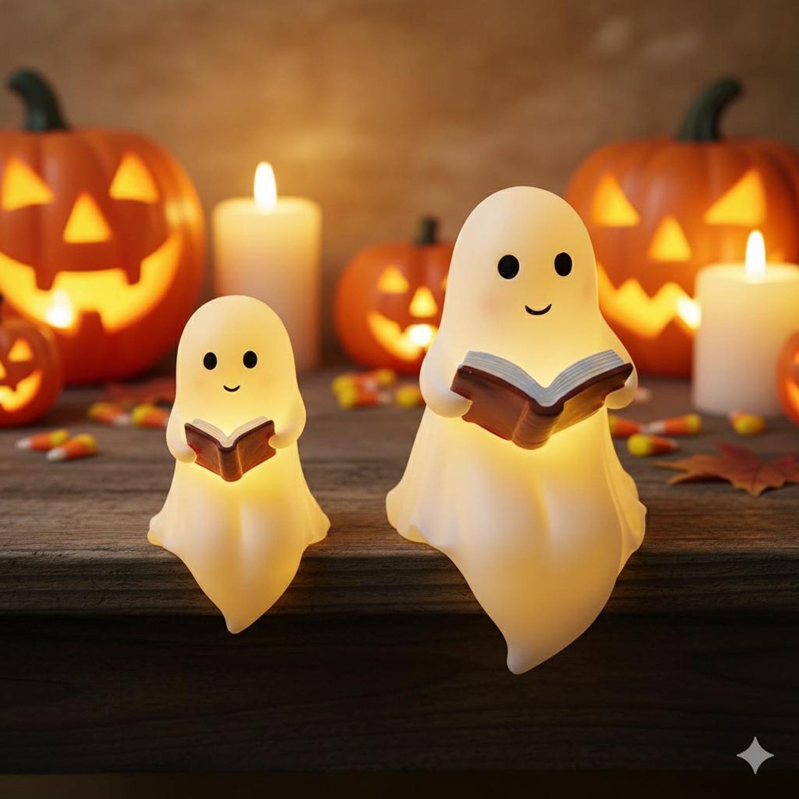 Halloween Ghost Reading Book Night Light: Resin Spooky Lamp