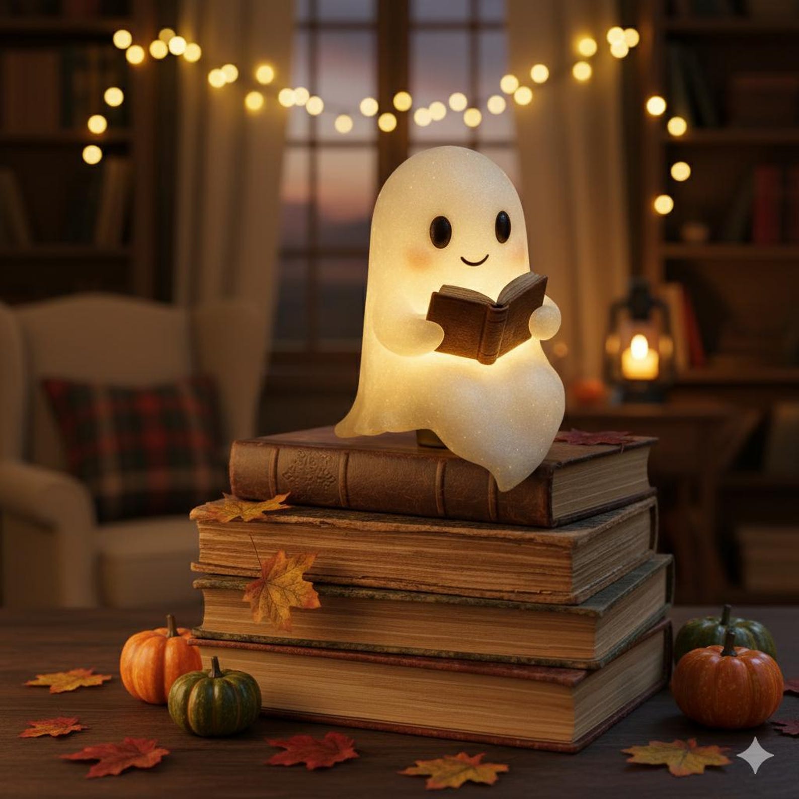 Halloween Ghost Reading Book Night Light: Resin Spooky Lamp